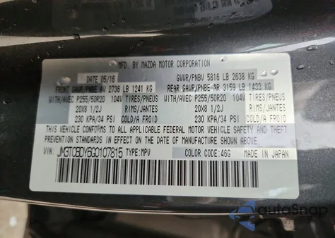 2016 Mazda Cx-9 Grand Touring from USA, damaged, VIN JM3TCBDY6G0107815